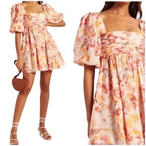 Abercrombie & Fitch Floral Ruched Puff Sleeved Mini Dress